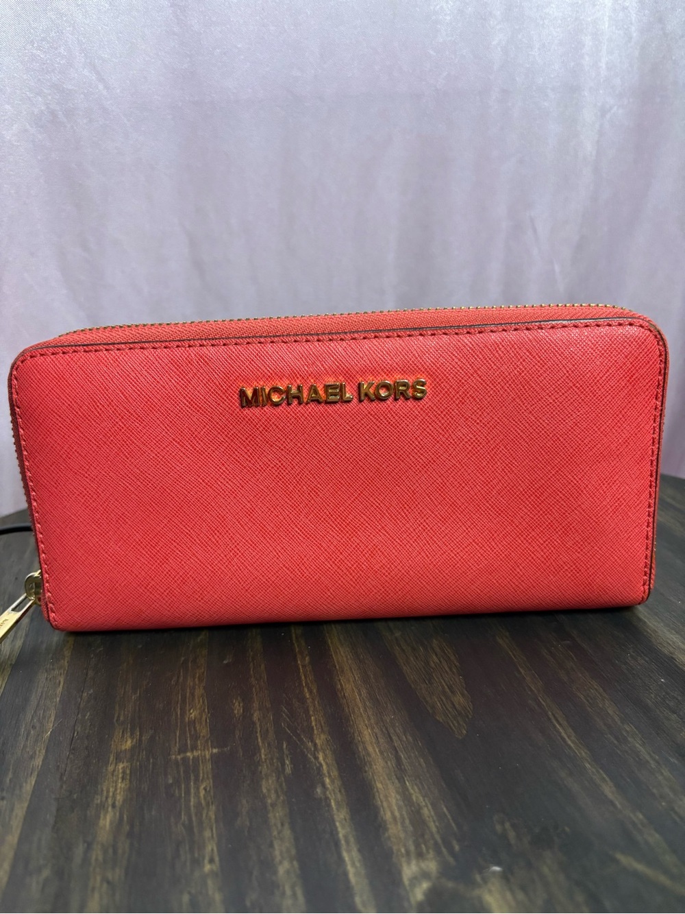Michael Kors Coral-Red Zip Wallet with Gold Logo